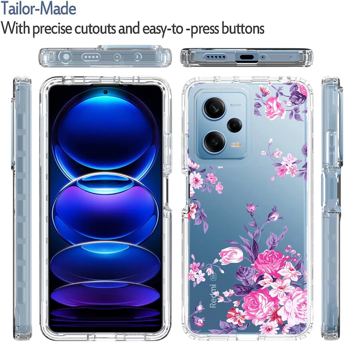 sidande Funda para Redmi Note 12 Pro, Poco X5 Pro 5G 22101320G con protector de pantalla de vidrio templado, cubierta protectora de TPU transparente