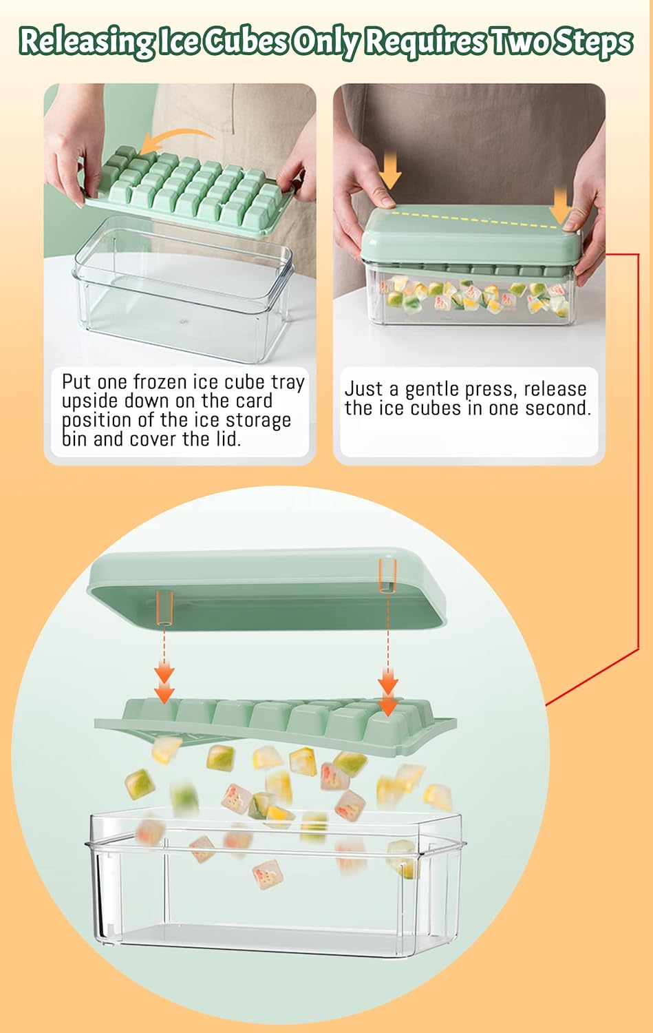 Bandeja cuadrada para cubitos de hielo con tapa y contenedor de almacenamiento, molde para hacer cubitos de hielo para congelador con contenedor,