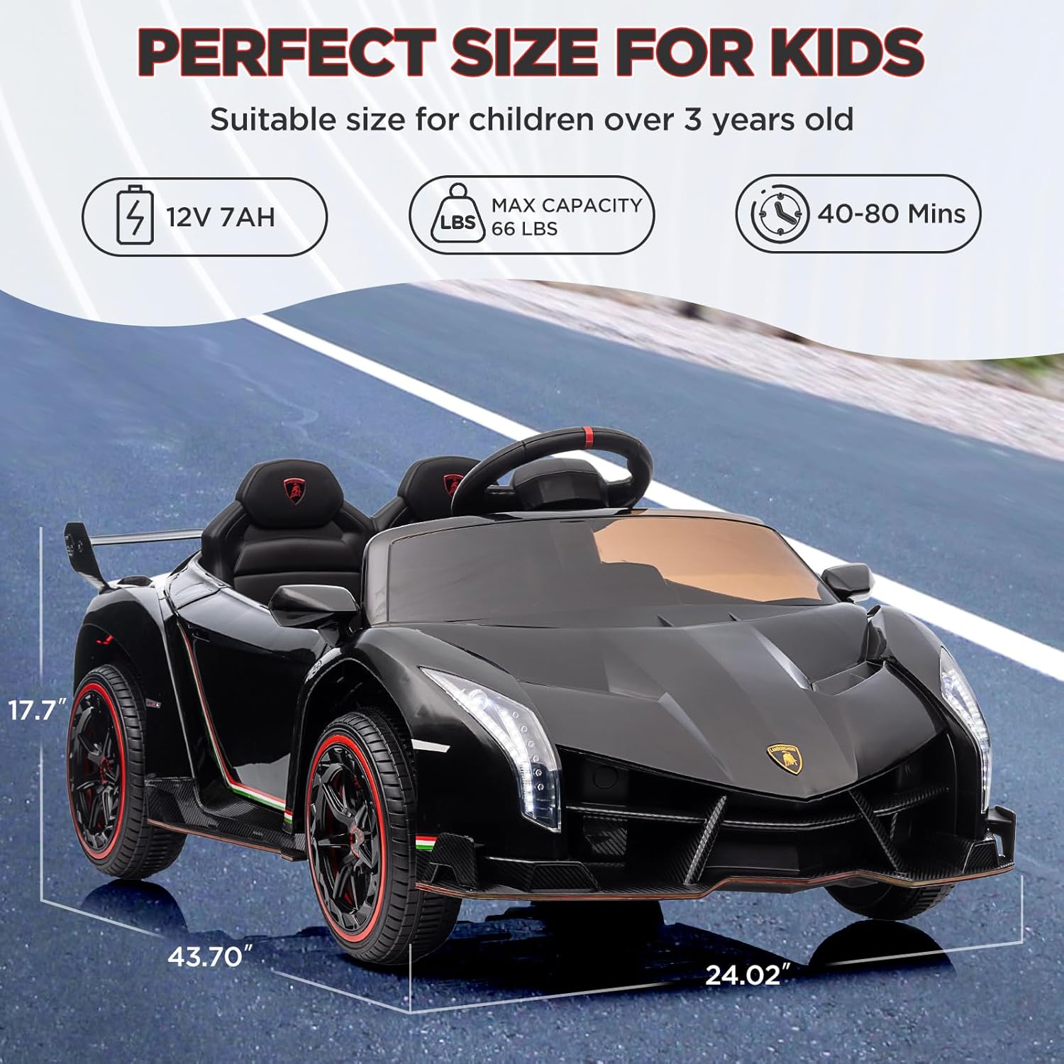 Lamborghini Venono – Coche eléctrico para niños con licencia de 12 V con control remoto para padres, puerta de tijera, 3 velocidades, faros LED,