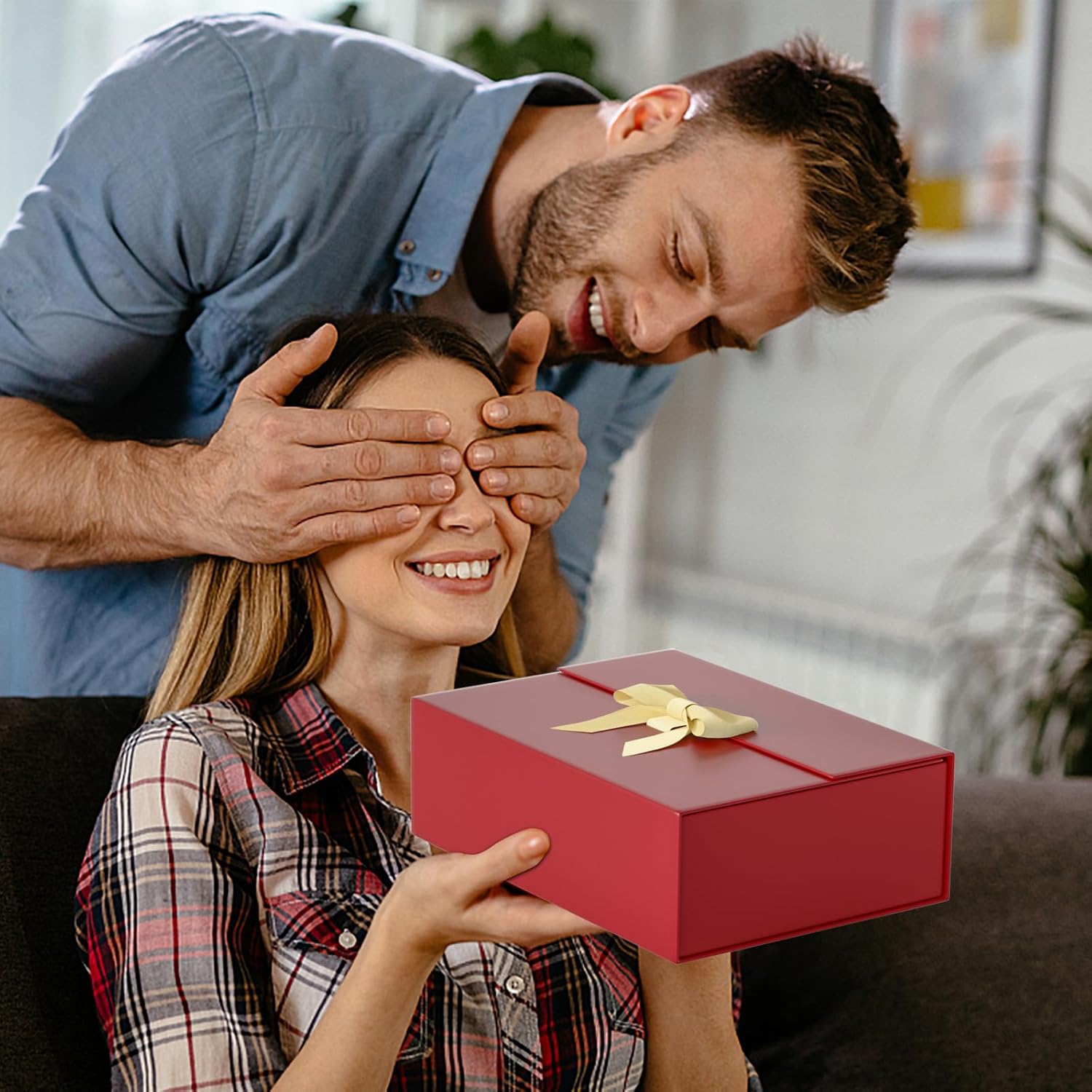 Caja de regalo con tapa de 13 x 9 x 4 pulgadas, caja de regalo de lujo con tarjeta de felicitación de cinta y cierre magnético, adecuada para bodas,