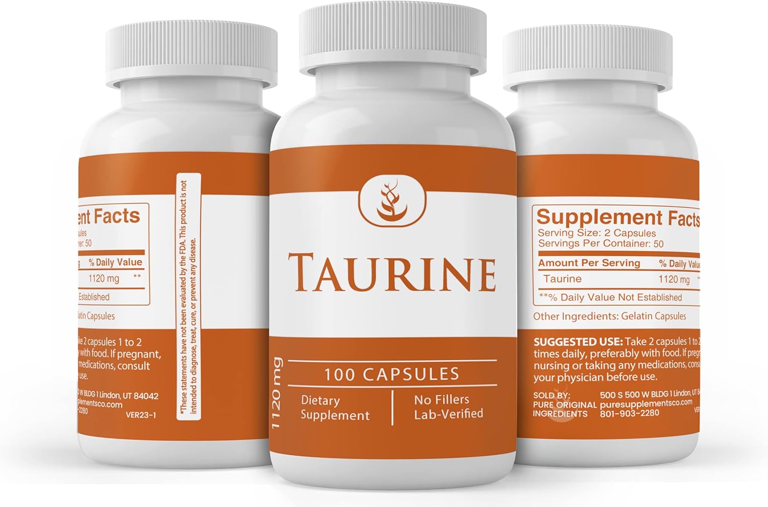 Pure Original Ingredients Taurina, (100 cápsulas) 100% pura, sin aditivos ni rellenos, verificado por laboratorio