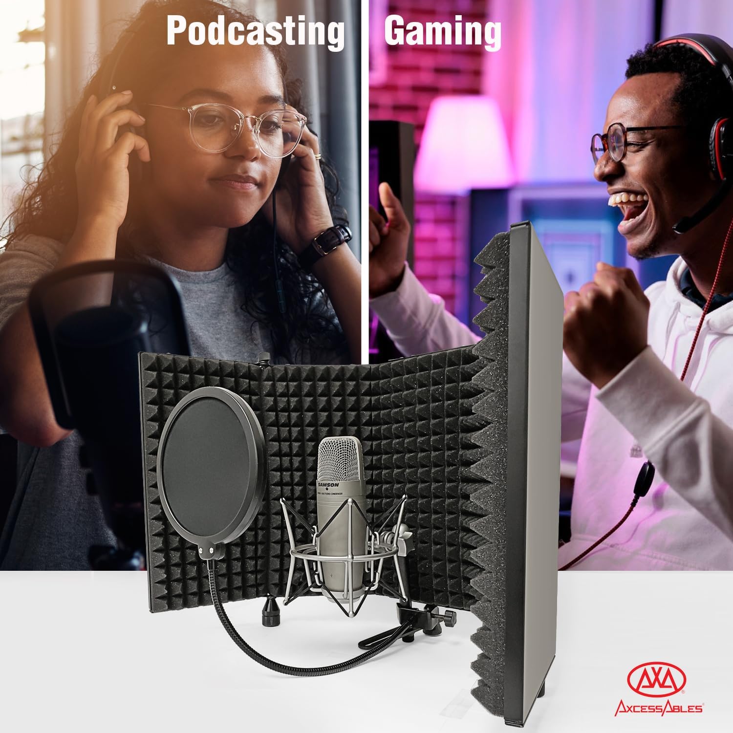 AxcessAbles – Escudo de aislamiento de micrófono de estudio de grabación grande de 32 x 13 pulgadas con soporte de trípode de 3 niveles y filtro pop
