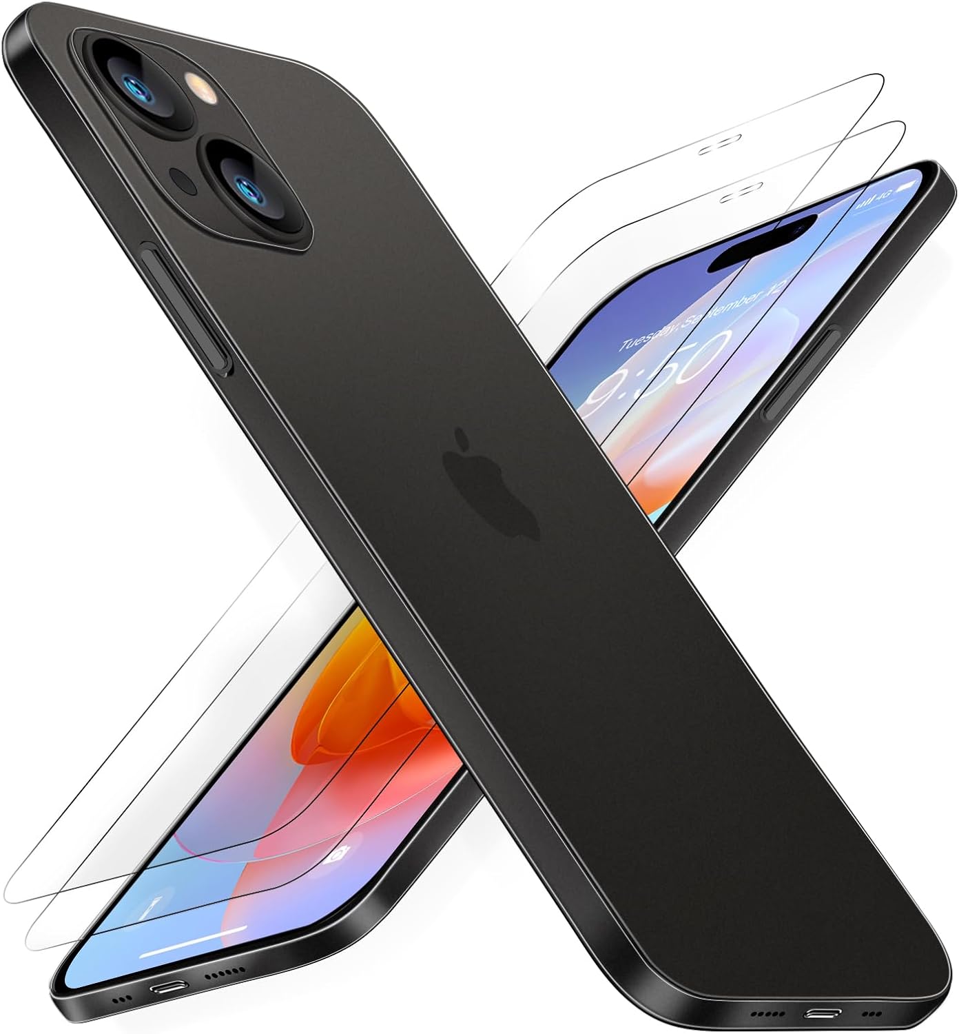 Dataroad – Funda delgada para iPhone 15 de 0.008 in, 6.1 pulgadas, con 2 protectores de pantalla de vidrio templado, translúcido que se ajusta a la