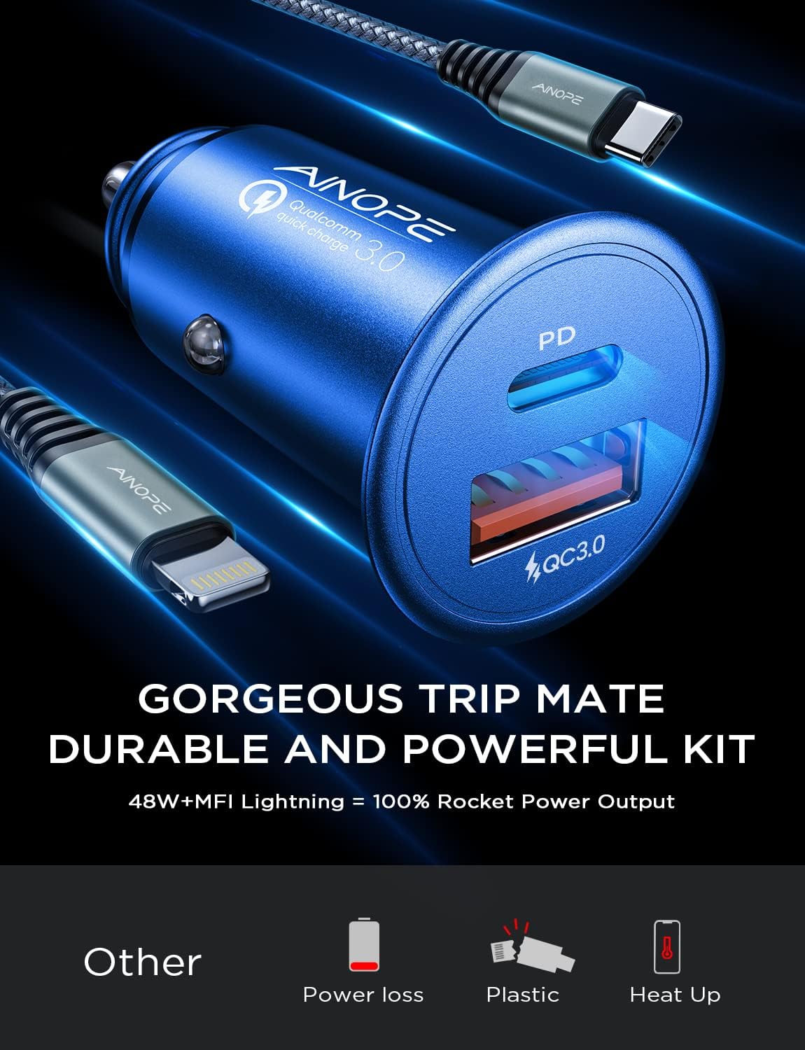 Certificado MFi de Apple Cargador de coche para iPhone de carga rápida, AINOPE 48 W cargador rápido de coche iPhone, Mini y metal Adaptador de