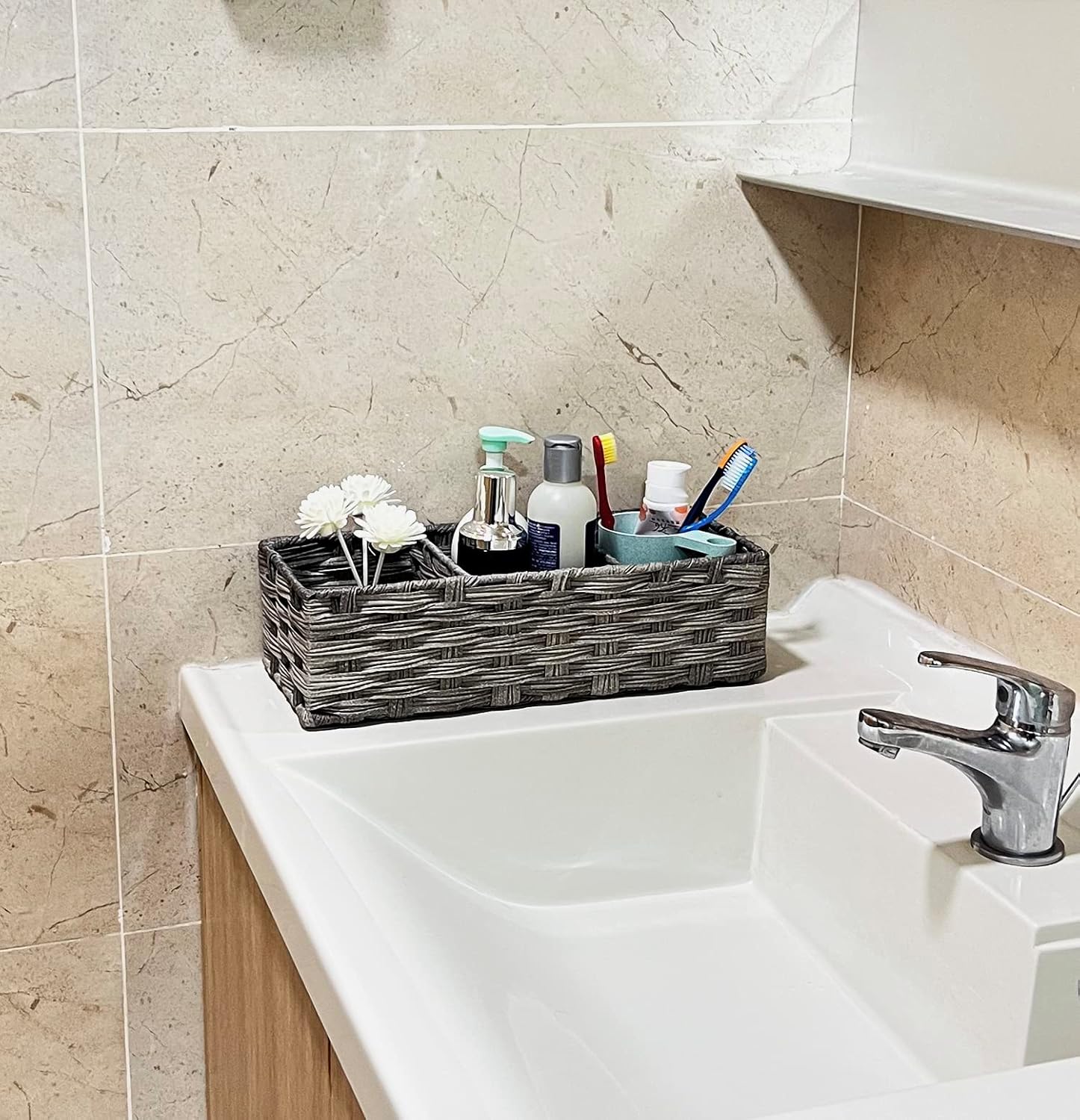 Bandeja de papel higiénico de 3 secciones, cestas de almacenamiento impermeables para tanque de inodoro, decoración rústica de baño, organizador de