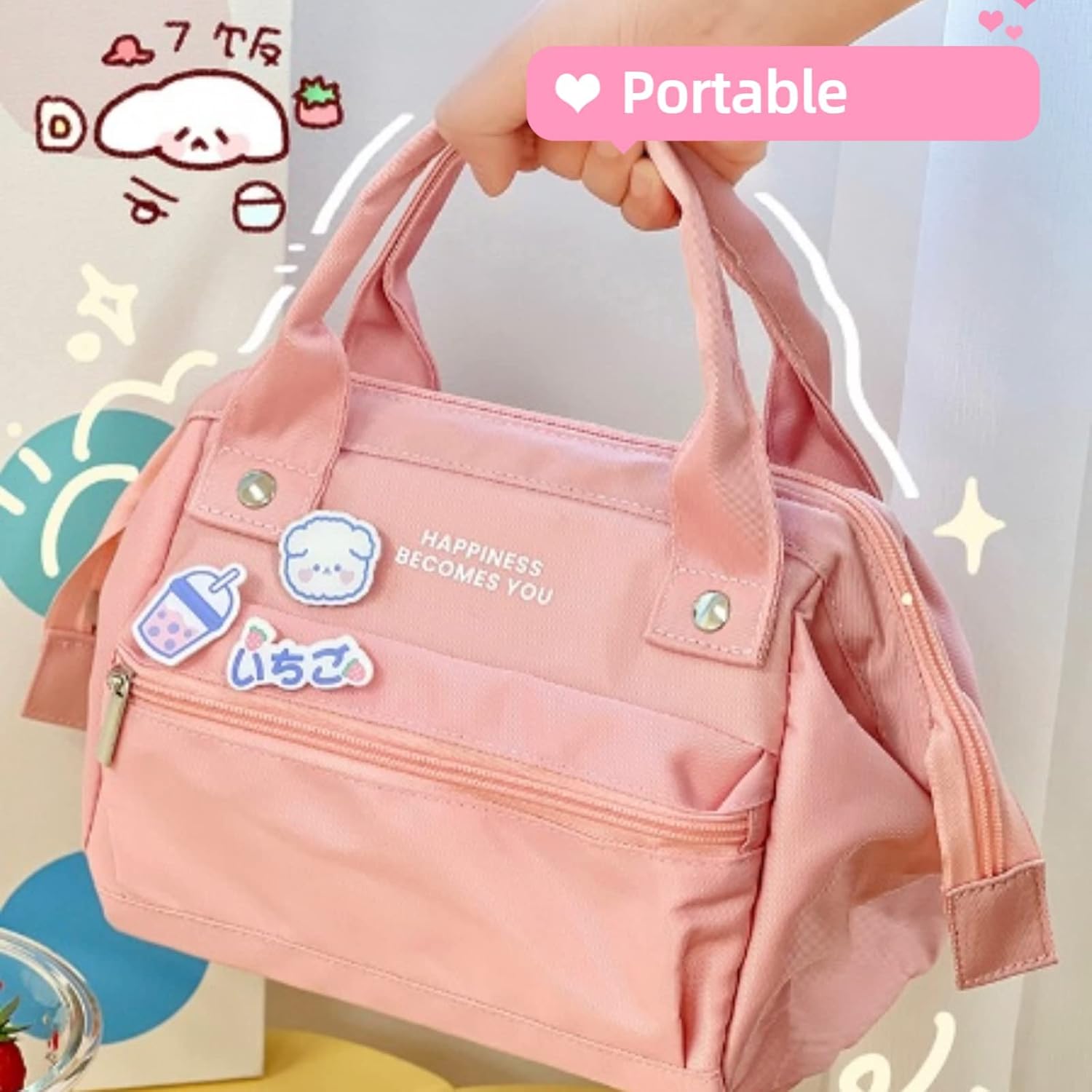 Lonchera kawaii grande para pícnic, bolsa aislada para calientes o fríos, reutilizable, bonita lonchera estética para mujeres (S, azul)