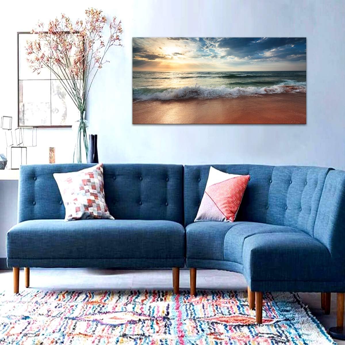 Lienzo de playa para pared de sala de estar, dormitorio, decoración del hogar, amanecer azul océano, mar, playa, cuadros artísticos, decoración