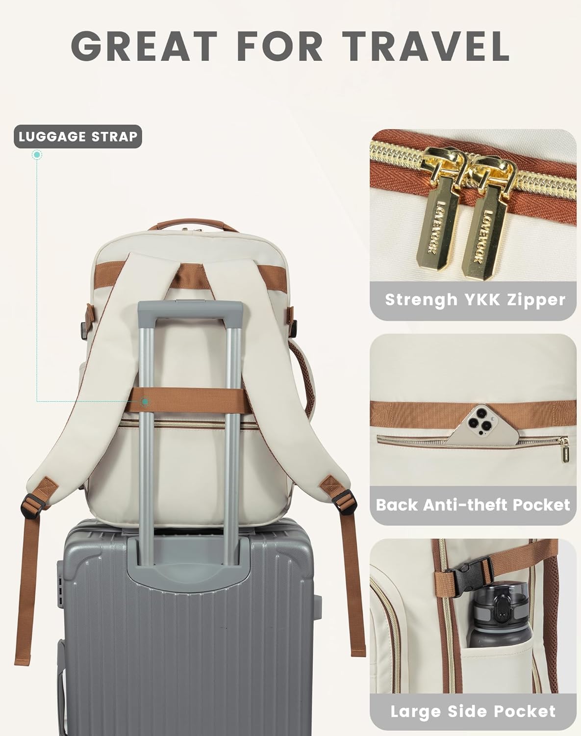 LOVEVOOK Mochila de viaje para mujeres y hombres como artículo personal aprobado por vuelo, equipaje de 40 L, Beige, Mochila de viaje, mochila de