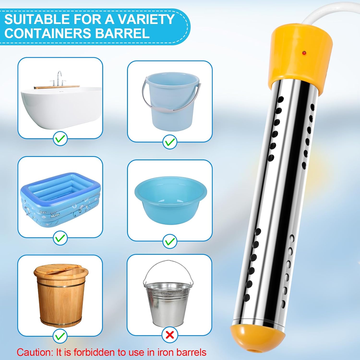 Calentador de agua portátil de inmersión para piscina inflable, calentador de cubo con protector 304 SS y termómetro LCD. Función de apagado