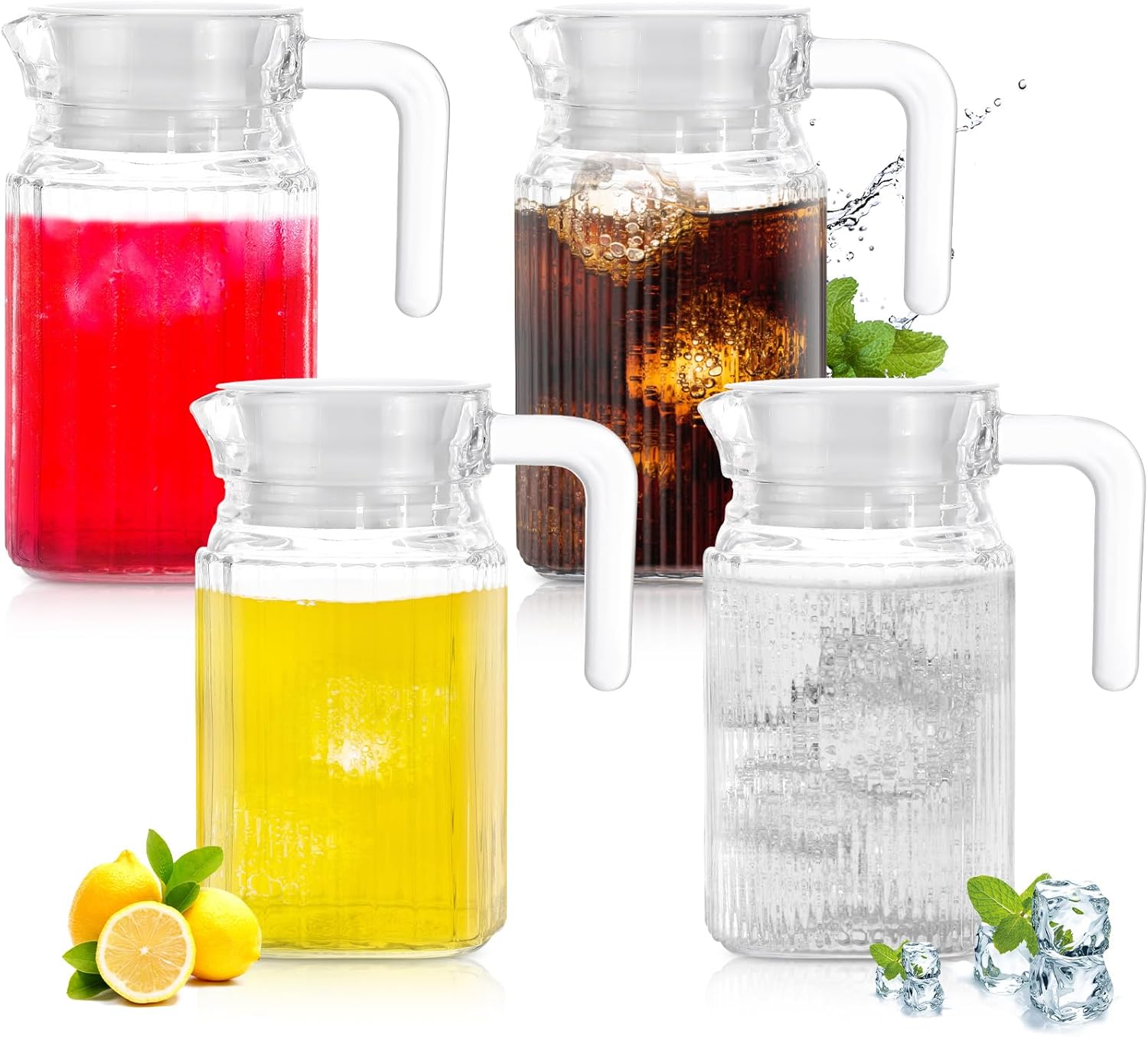 Gejoy Jarra de vidrio de 4 piezas de 17 onzas con tapa, jarra de jugo, jarra de agua de vidrio, recipientes para bebidas, jarra para nevera, té