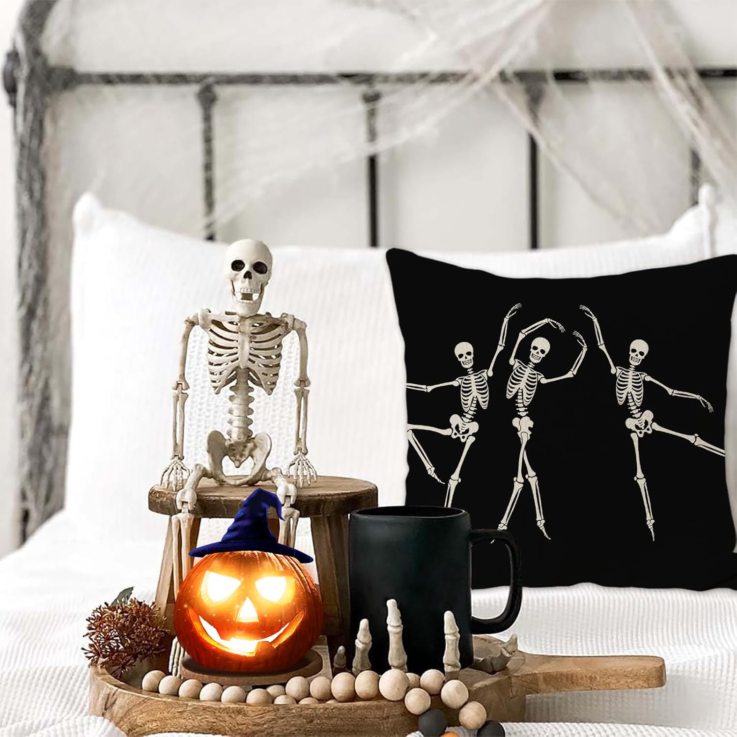 JOOCAR Fundas de almohada de calavera de Halloween, decoración gótica negra, divertida funda de almohada de lino para sofá, cama, silla de