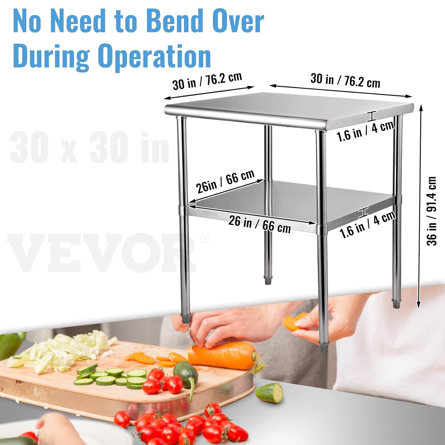VEVOR Stainless Steel Prep Table, 30 x 30 x 36 Inch, 800lbs Load Capacity Heavy Duty Metal Worktable with Adjustable Undershelf & Feet, Commercial