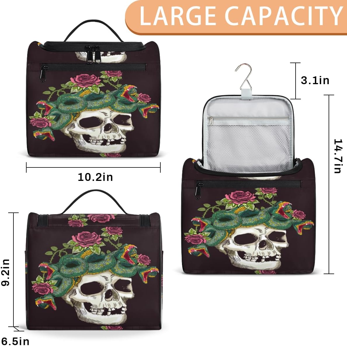 Neceser de Halloween con diseño de calaveras de azúcar para mujer, organizador de maquillaje de viaje con gancho para colgar, bolsas de cosméticos