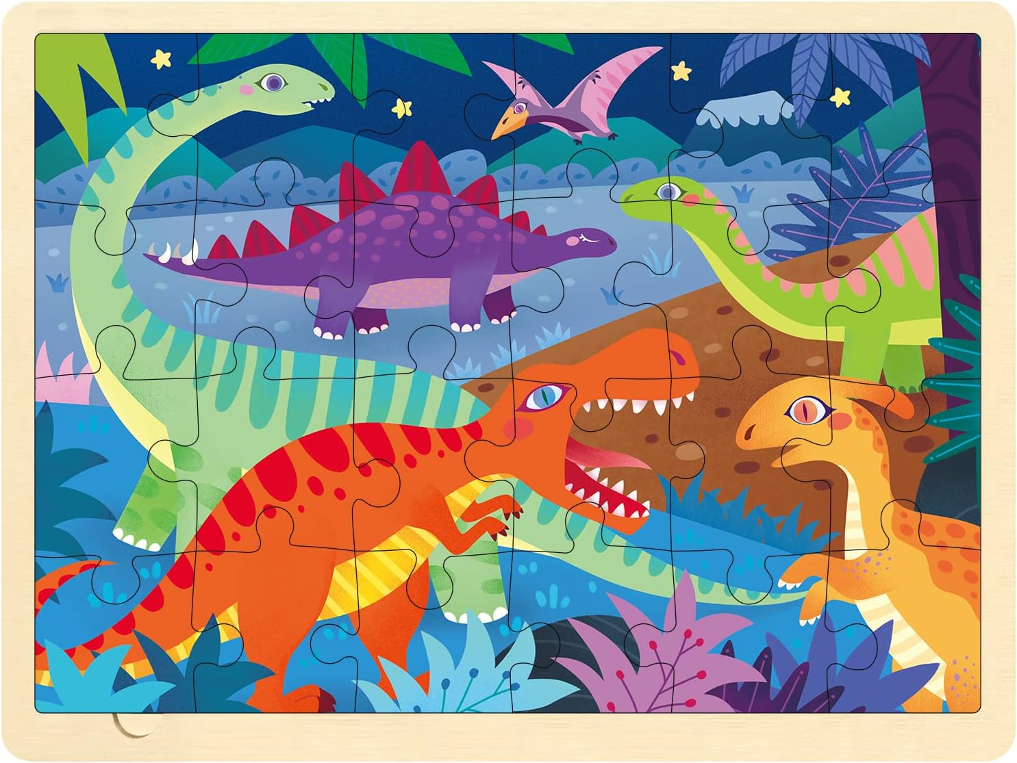 MoinKidz Rompecabezas de 24 piezas para niños de 3 años, rompecabezas de madera de dinosaurio para niños de 3 a 5 años con imagen debajo,