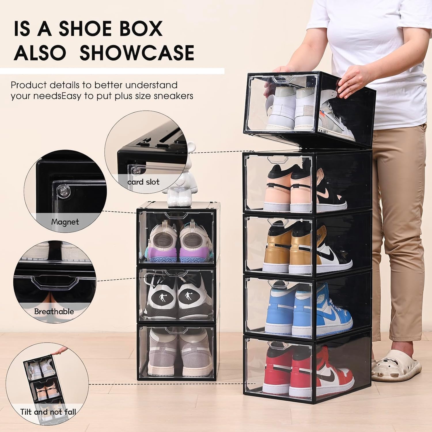 Cajas de almacenamiento de zapatos transparentes apilables, paquete de 6 organizadores de zapatos para armario, caja de tenis, ajuste fuerte y