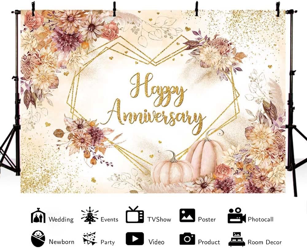 MEHOFOND Telón de fondo bohemio de otoño de 7 x 5 pies, para otoño, calabaza, floral, pareja, boda, aniversario, fotografía, fondo dorado, puntos