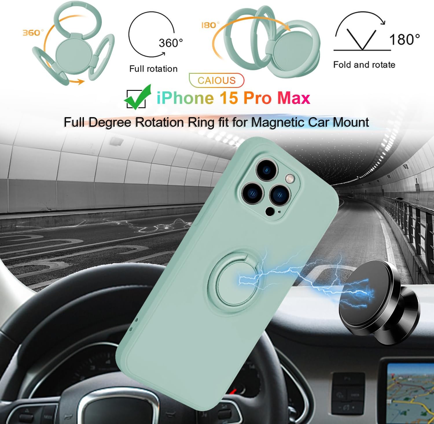 CAIOUS Funda para iPhone 15 Pro Max (lanzado en 2023), funda de silicona con anillo giratorio de 360, soporte magnético para automóvil, funda