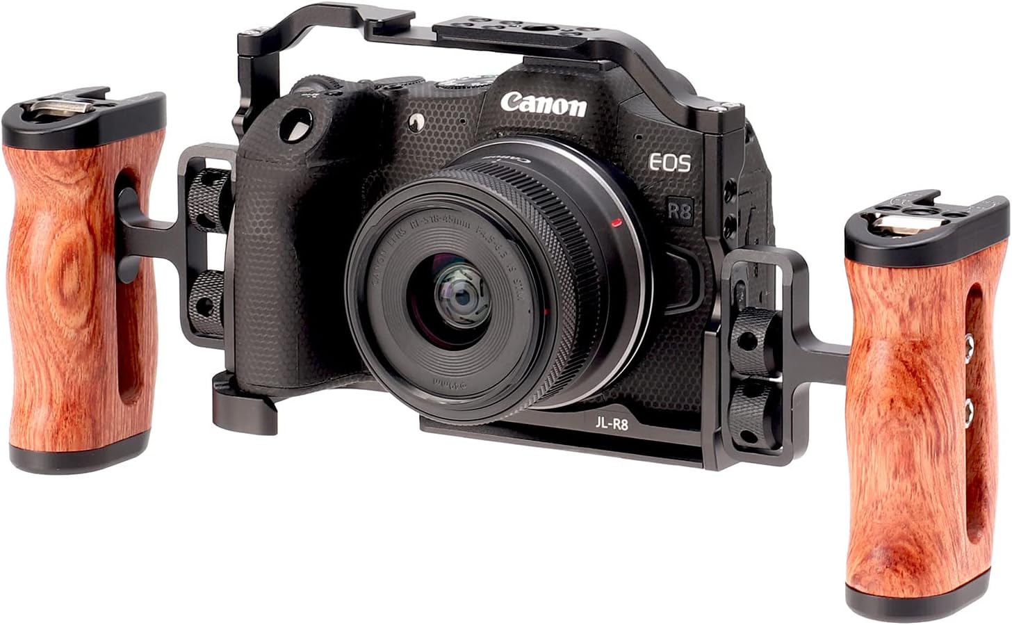 Foto4easy R8 jaula para cámara Canon R8 con placa de liberación rápida para Arca-Swiss, incluye mango de madera lateral universal doble