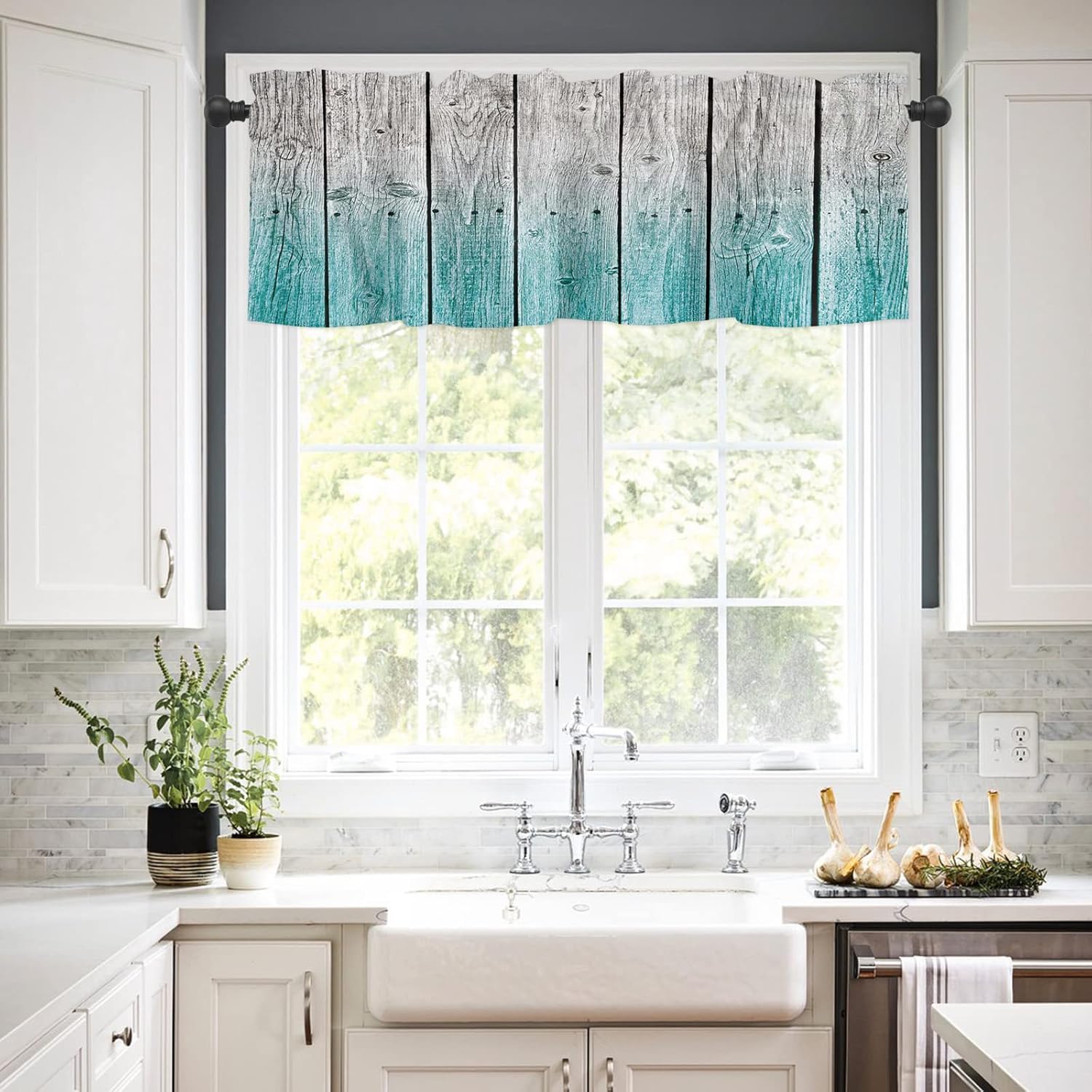 Artwork Store Curtain Valance for Window Kitchen Decor, Ocean Gray Rustic Wood 54″ x 18″ Window Treatment Curtains Topper Rod Pocket Valances for