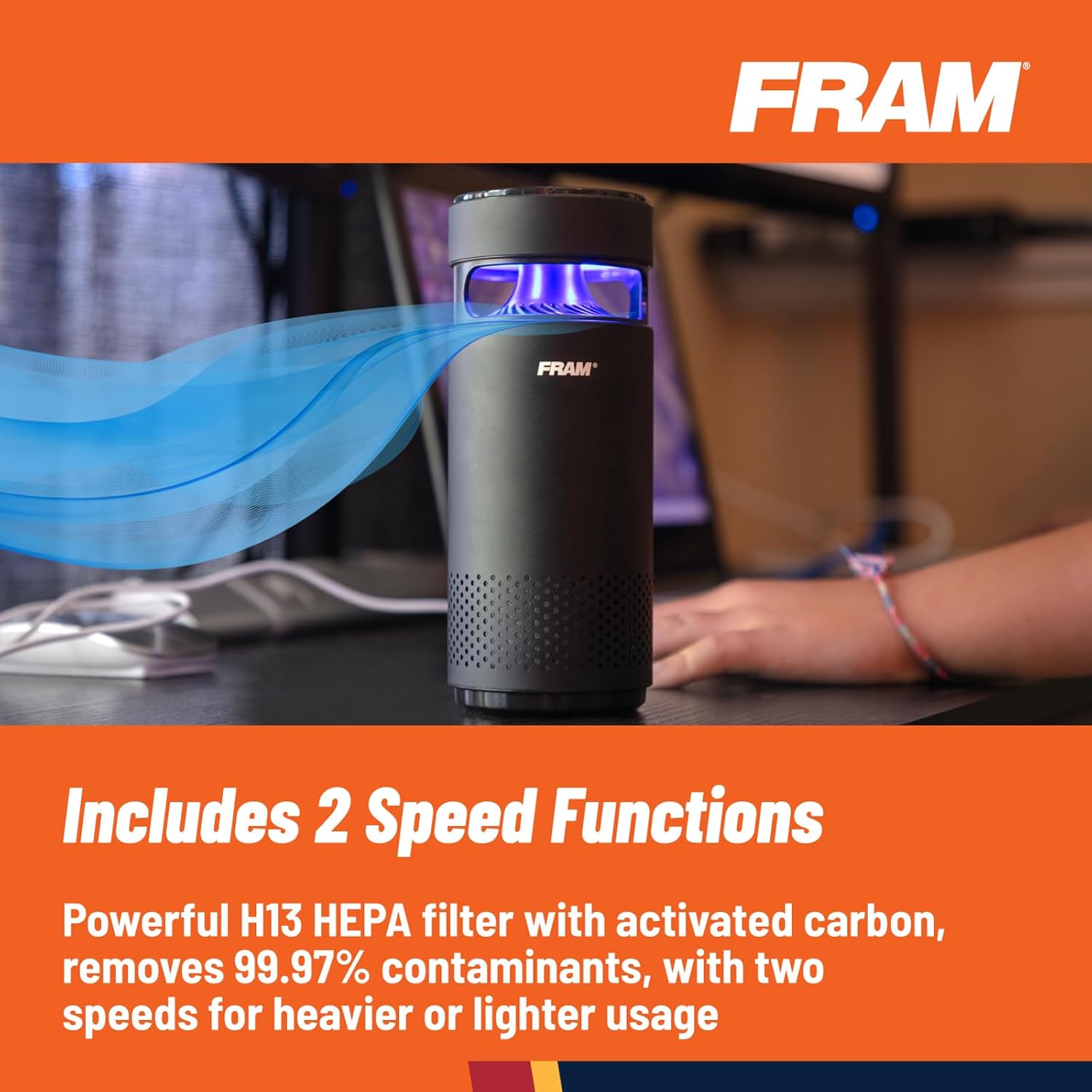 FRAM Purificador de aire portátil con filtración HEPA H13 y esterilización LED UV-C  Diseño inalámbrico para el hogar, vehículos, trabajo y viajes