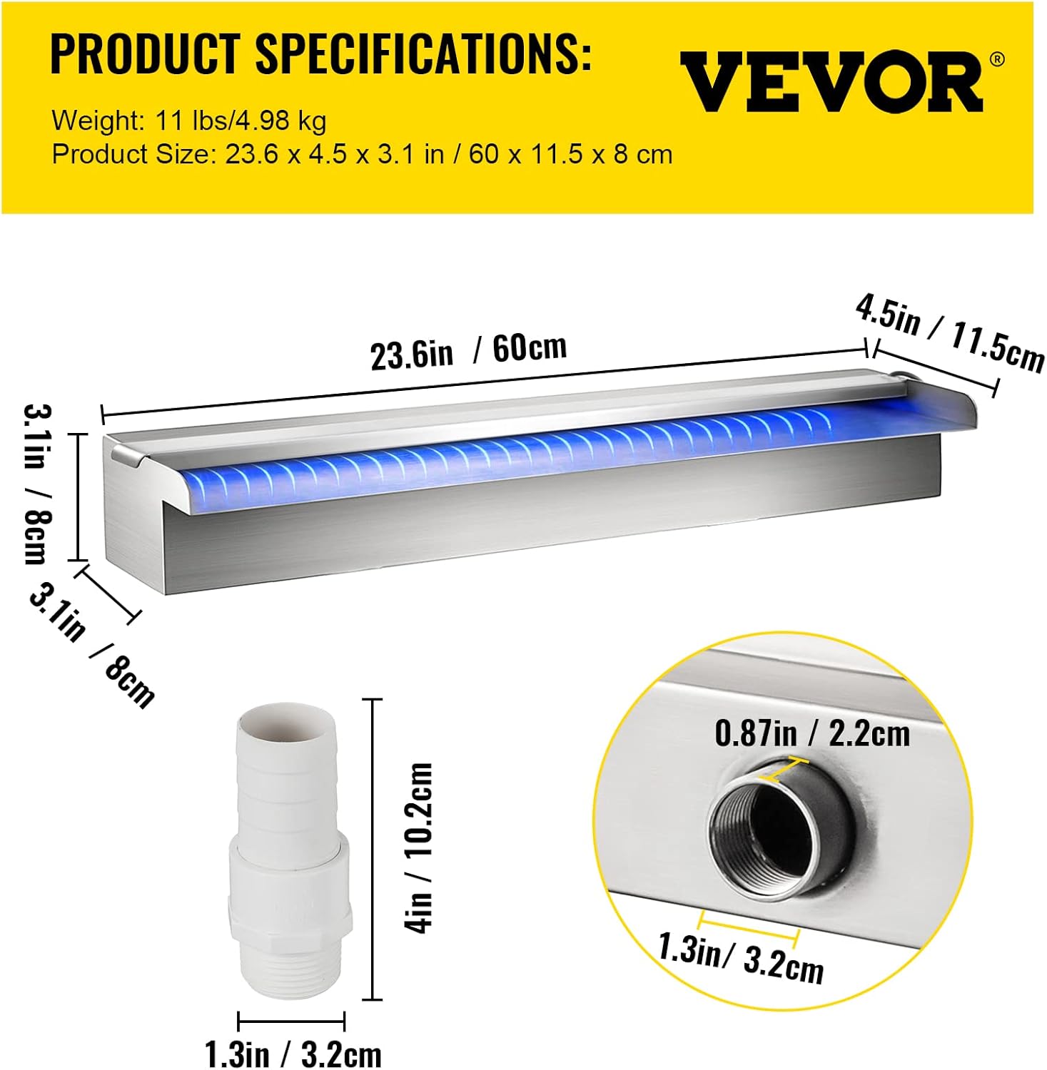 VEVOR Fuente de piscina de acero inoxidable, cascada de piscina de 23.6 x 4.5 x 3.1 pulgadas (ancho x profundidad x alto) con tira de luz LED,