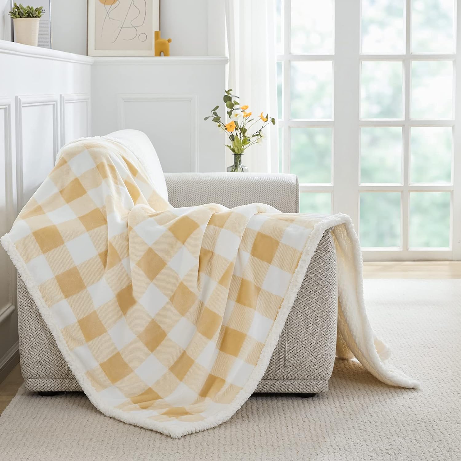BEAUTEX Manta de forro polar sherpa, manta y mantas de felpa a cuadros súper suaves y cálidas, manta ligera y acogedora para sofá cama (beige, manta
