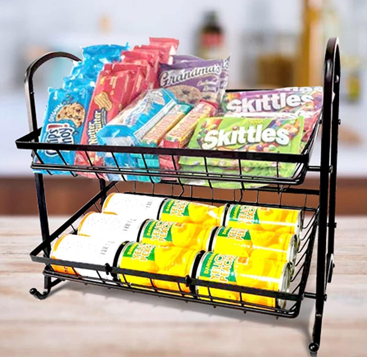 Organizador apilable para latas, soporte de exhibición angular de 2 niveles, soporte de cesta de frutas, estante de papas fritas, sensor