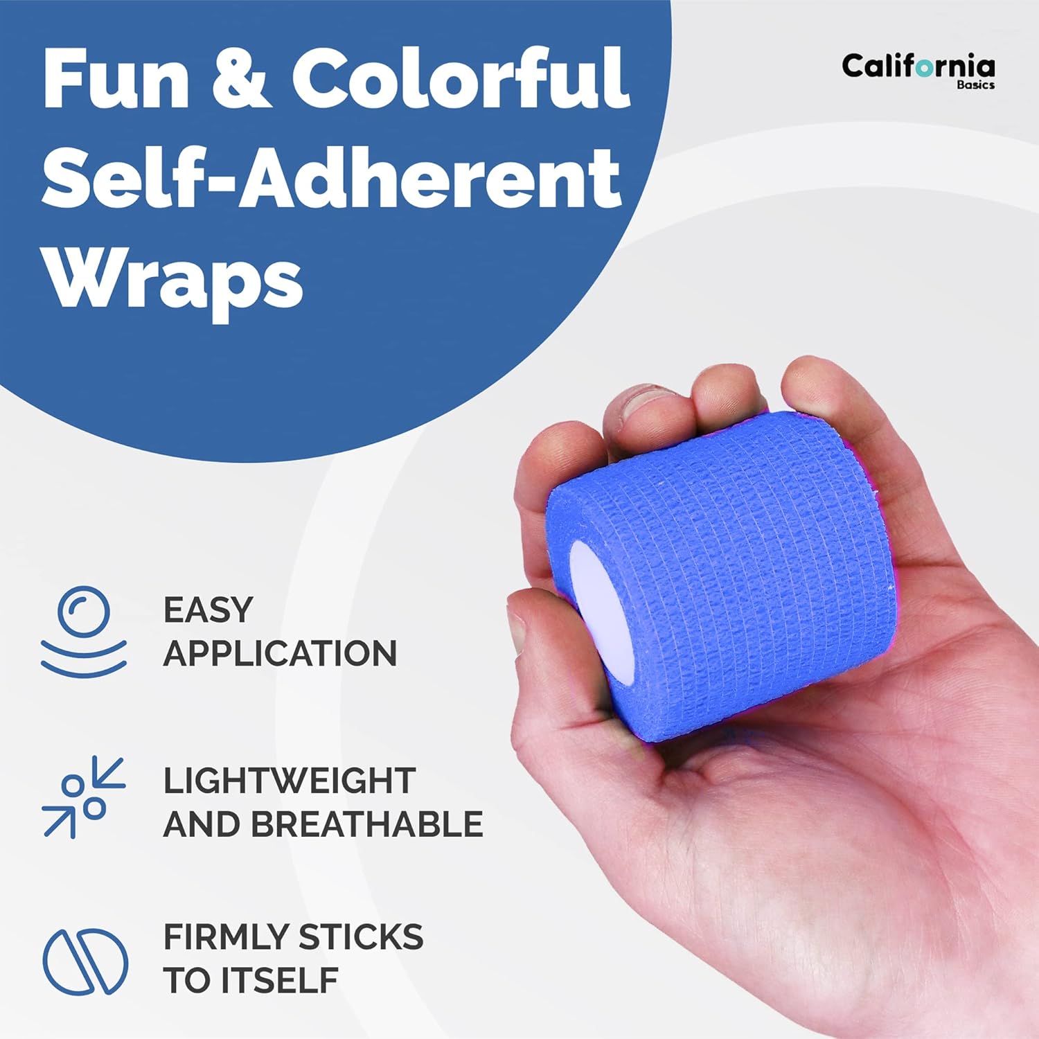California Basics Envoltura de vendaje autoadhesivo (2 pulgadas), paquete de 12 rollos cohesivos no tejidos, cinta médica impermeable, uso atlético,