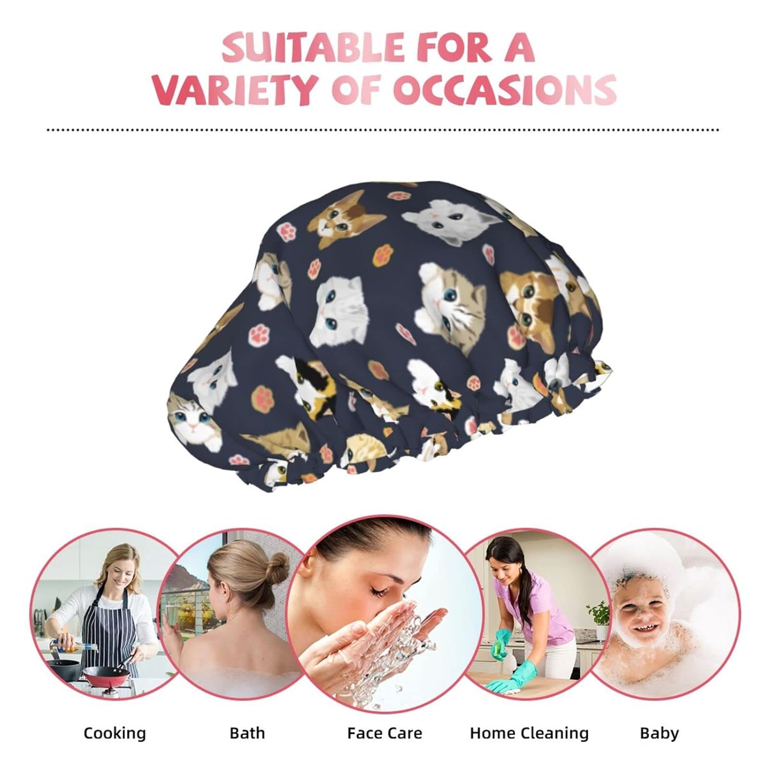 Gorro de ducha con diseño de pata de gato para mujer, gorro de ducha reutilizable e impermeable, doble capa con forro de Peva y banda elástica para