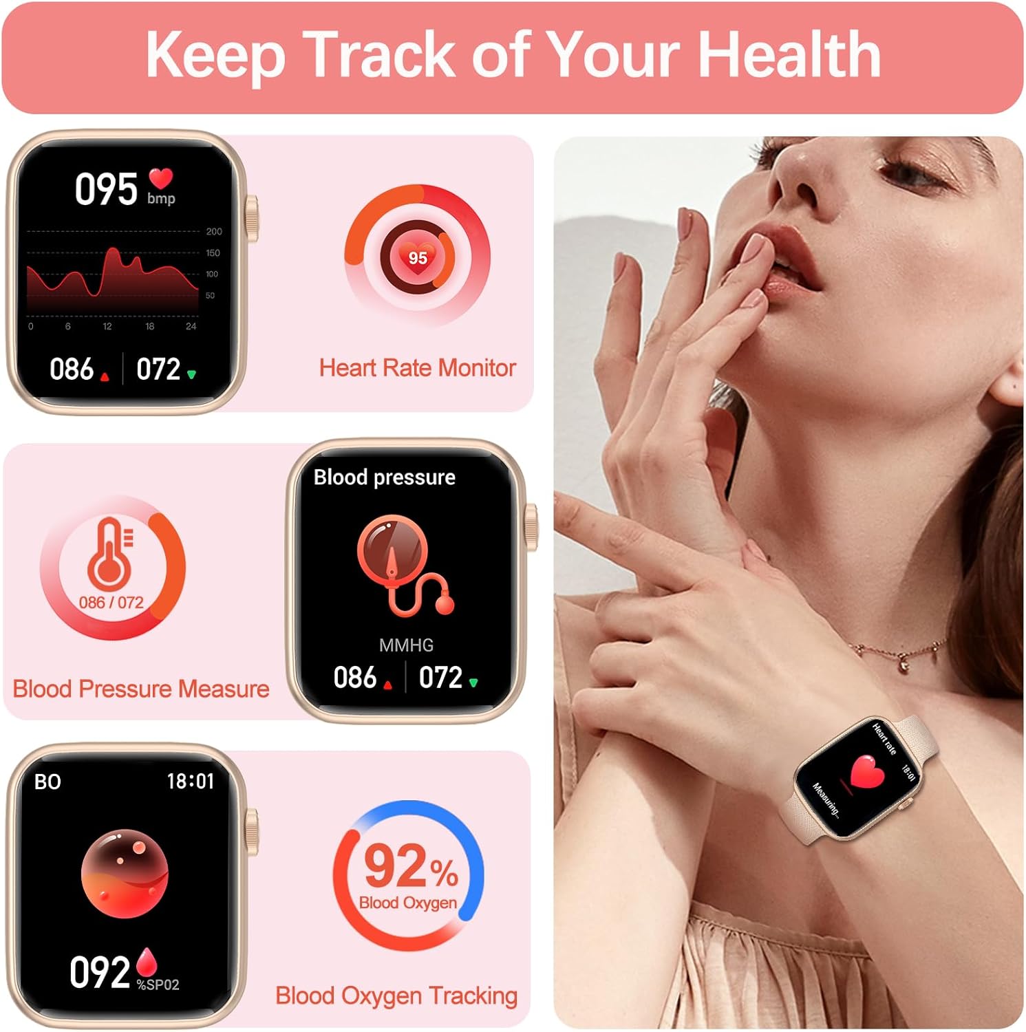 YoYoFit Reloj inteligente (respuestahacer llamadas), reloj inteligente de 1.85 pulgadas para mujer, rastreador de actividad física impermeable con