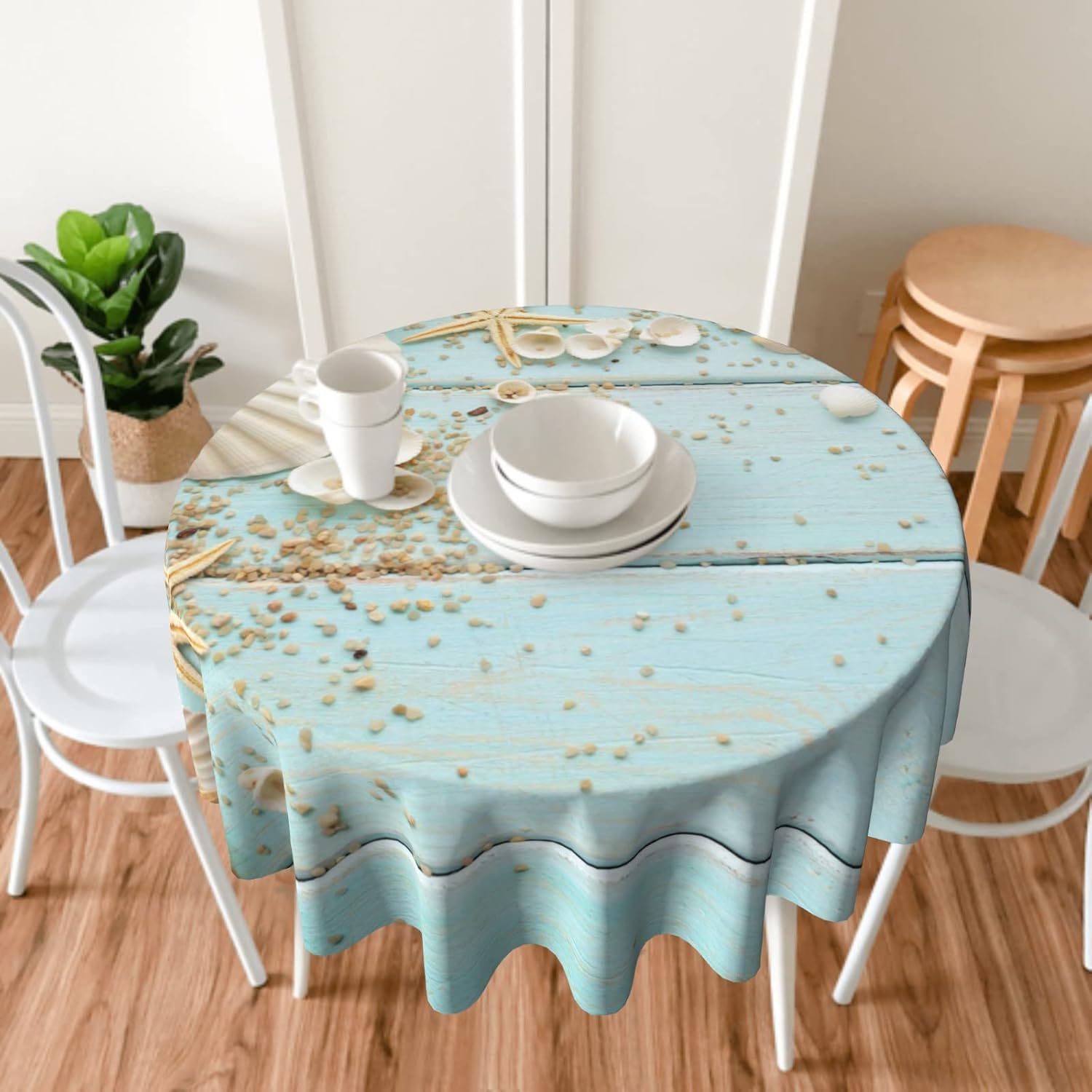 Giwawa Mantel redondo de conchas marinas, diseño de estrella de mar sobre tablero de madera azul, diseño de playa costera, 60 pulgadas, para
