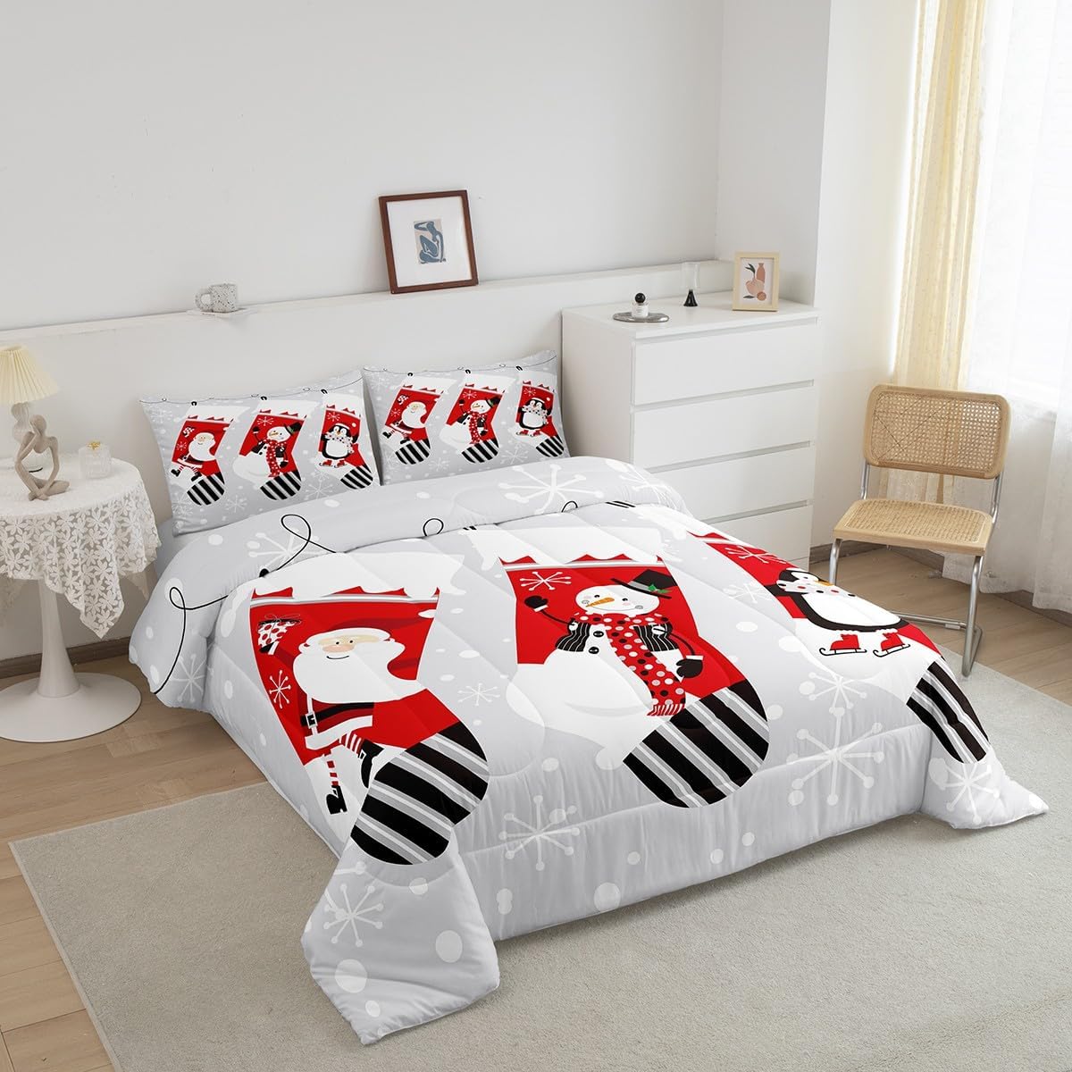 Erosebridal Juego de edredón de calcetines de Navidad para niños, juego de edredón de Papá Noel, ropa de cama de Navidad, muñeco de nieve, pingüino,