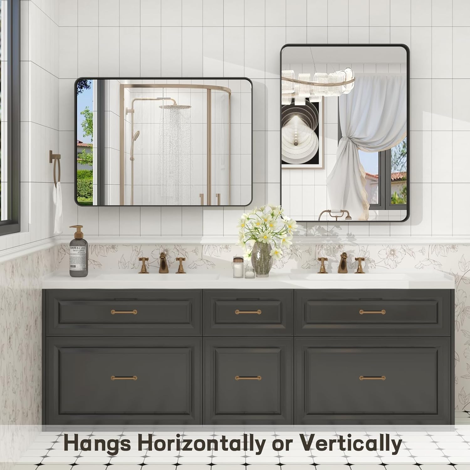 Espejo con marco de metal negro de 22 x 30 pulgadas para baño, espejo de tocador negro mate, espejo de baño rectangular redondeado, antioxidante,