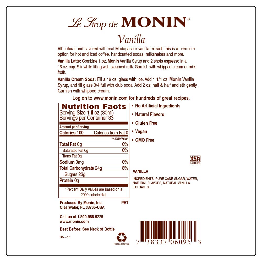 Monin – Jarabe de vainilla, sabor versátil, ideal para café, batidos y cócteles, sin gluten, sin OMG (1 litro)
