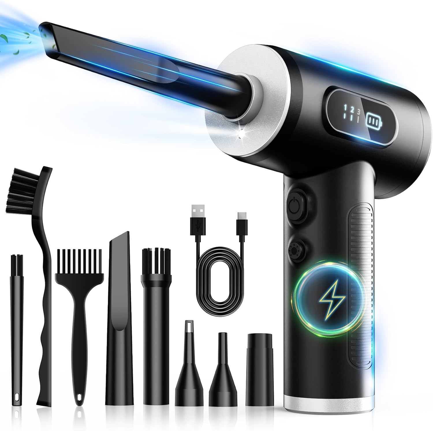 Plumero de aire comprimido, 3 engranajes, ajustable, 100000 RPM, plumero de aire eléctrico con luz LED, soplador de aire inalámbrico recargable para