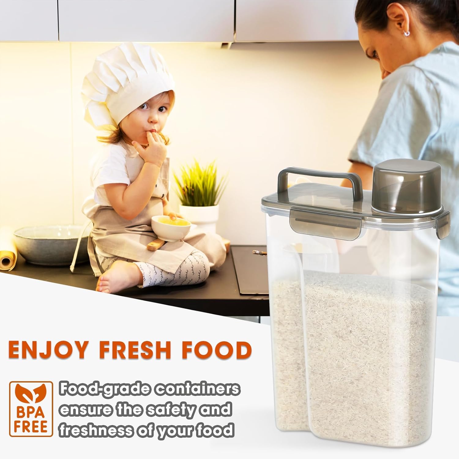 TBMAXS Recipiente de almacenamiento de arroz de 10 libras, dispensador hermético de alimentos con boquilla grande y taza para arroz, cereales,