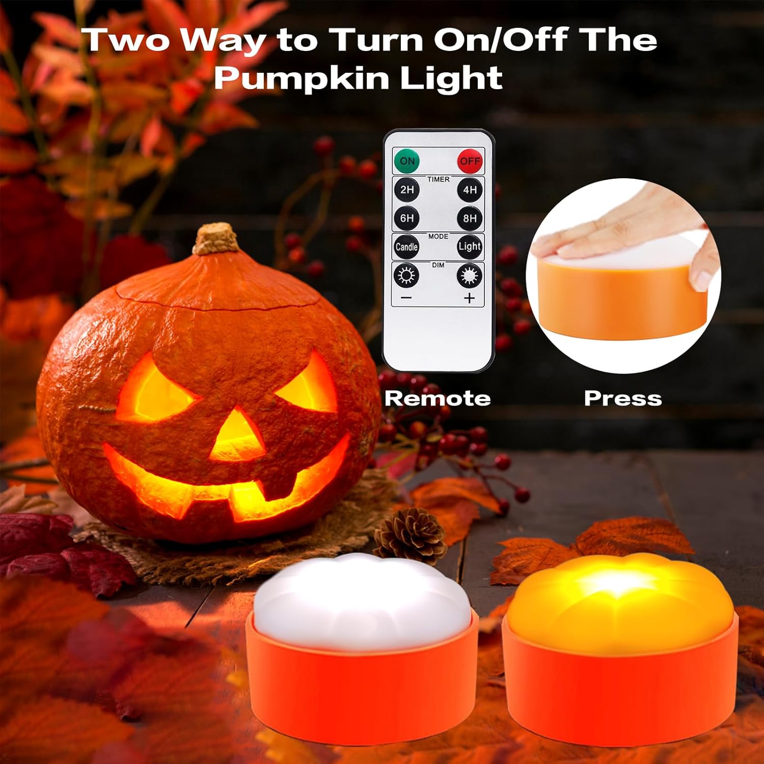 Luces de calabaza de Halloween, paquete de 4 luces LED de calabaza con control remoto y temporizador, funciona con pilas, luz de linterna para