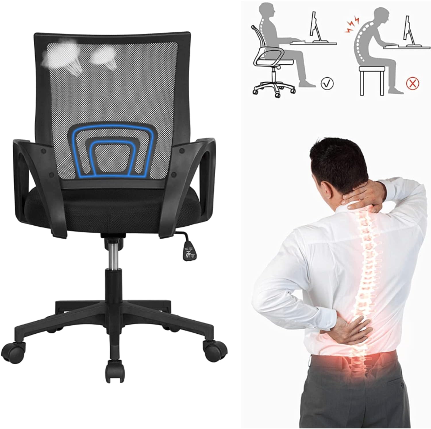 Silla de oficina en casa, silla de escritorio ergonómica, silla de computadora de malla con soporte lumbar y reposabrazos, silla de trabajo