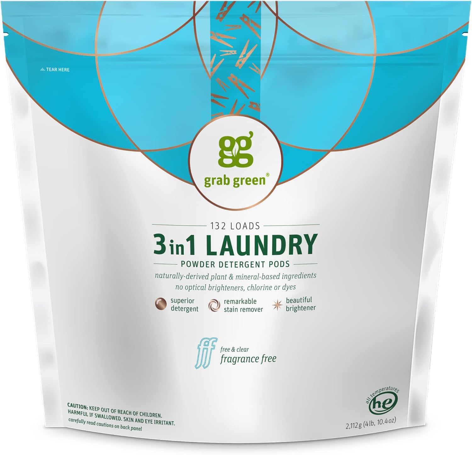 Grab Green Cápsulas de detergente 3 en 1, 132 unidades, sin fragancia, a base de plantas y minerales, poder de limpieza superior, removedor de