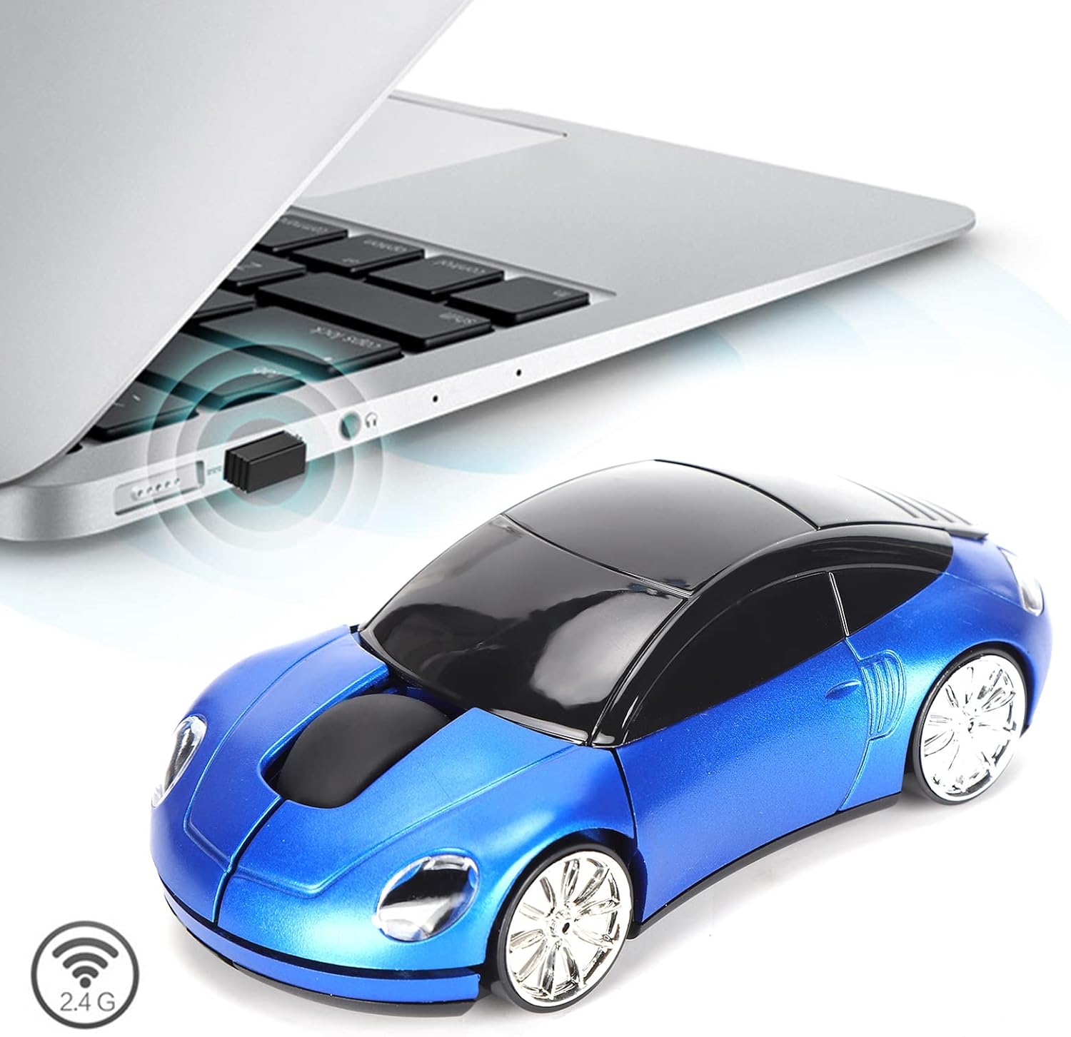 ASHATA Ratón inalámbrico portátil en forma de coche inteligente de 2.4G con mini receptor, diseño ergonómico, material ABS, para oficina, laptop,