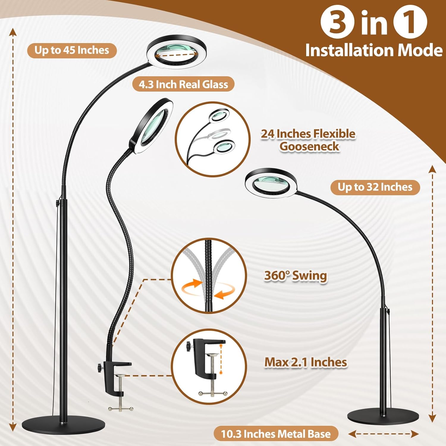 Lupa 5X con luz y soporte, lámpara de pie flexible de cuello de cisne de 24 pulgadas, 3 en 1, LED 3 en 1, 5 modos de color, lupa iluminada regulable