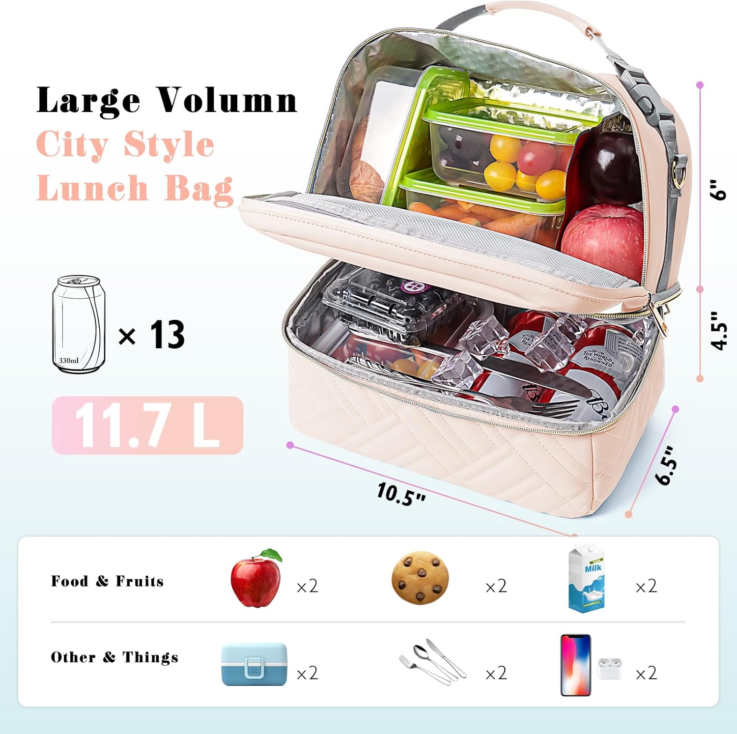 Lonchera grande para mujer, 2 niveles, de piel vegana, aislada, a prueba de fugas, impermeable, con correa extraíble, para trabajo, viajes, picnic,