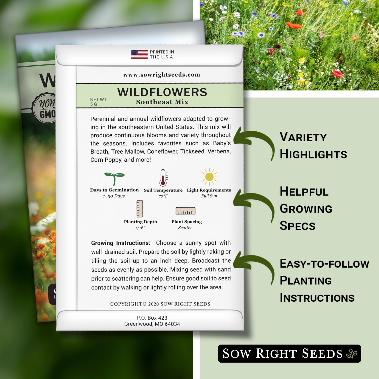 Sow Right Seeds – Mezcla de semillas de flores silvestres para plantar en el sureste – Paquete de reliquia sin OMG con instrucciones para cultivar