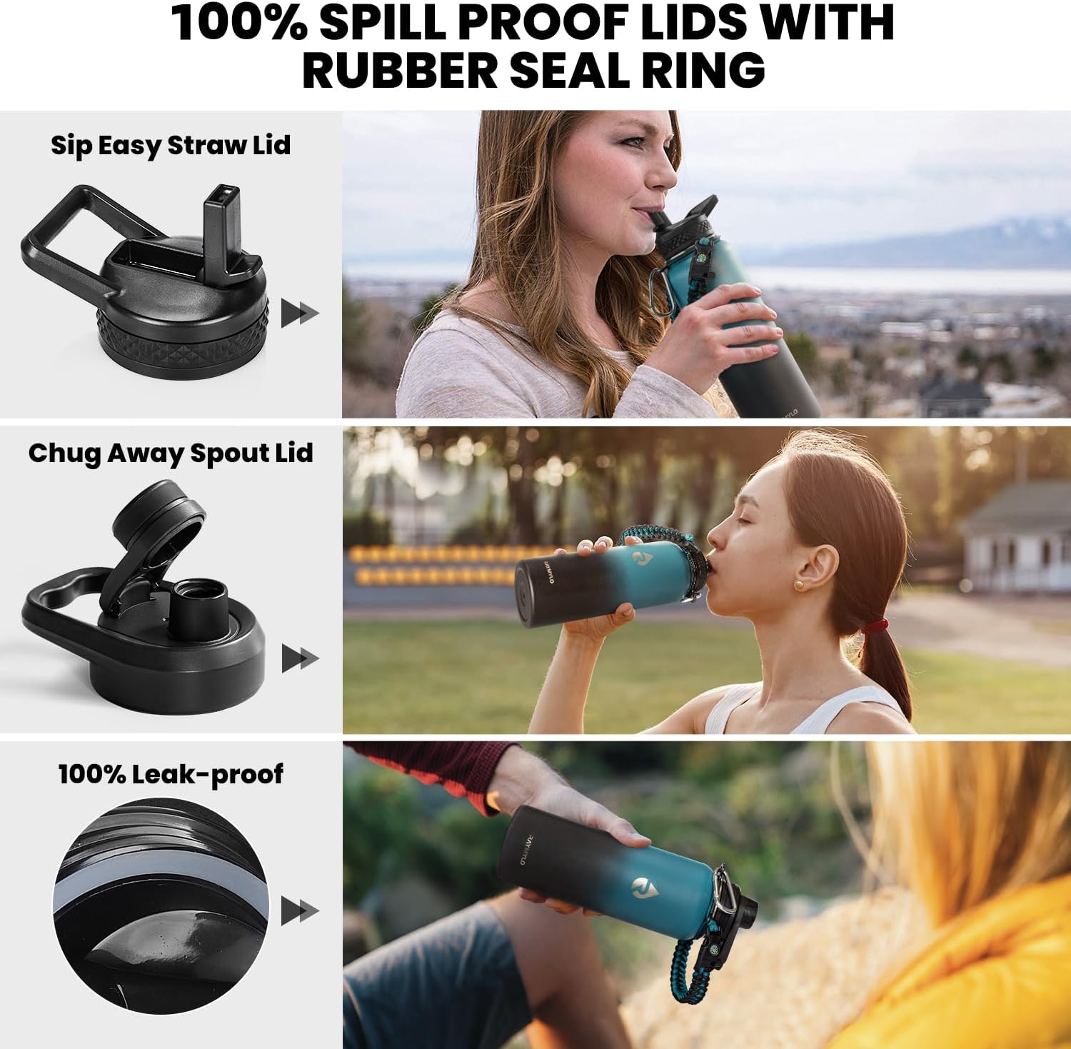 Botella de agua aislada de 40 onzas, de acero inoxidable al vacío de triple pared (fría durante 48 horas), a prueba de fugas y sin BPA, moderna