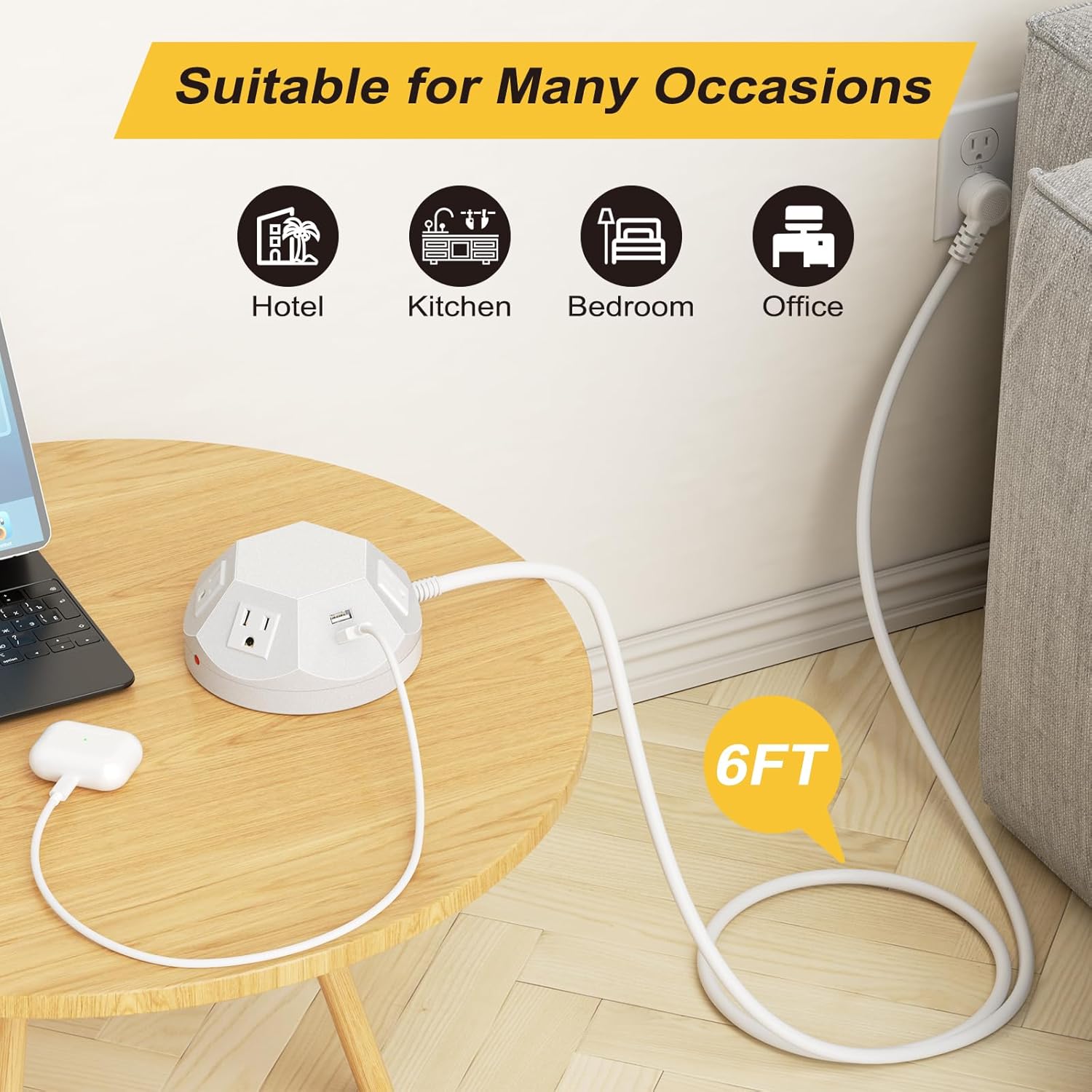 Torre de regleta con puertos USB C PD de 20 W, protector de sobretensiones con 4 tomas de corriente y 4 puertos USB, cable de extensión de 6.56