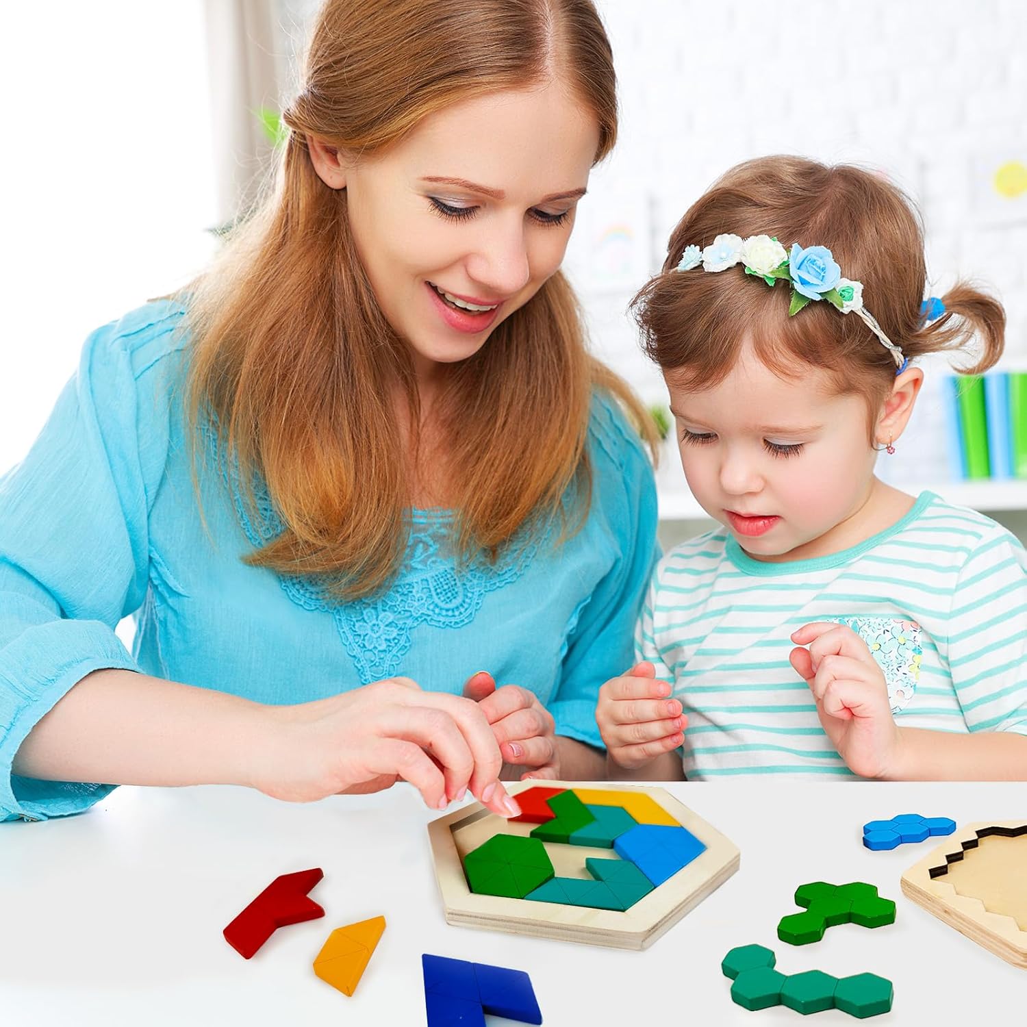 YUQILIN 6 rompecabezas de madera Tangrams para niños, rompecabezas hexagonales de madera para niños pequeños, rompecabezas geométricos de cerebro,