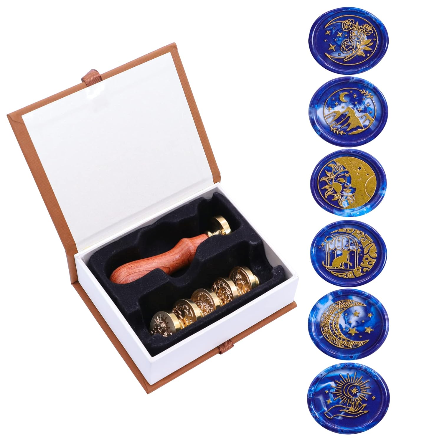 Juego de sellos de cera de 6 piezas, diseño de luna, sol y estrella, cabezales de sello para invitación, envoltura de regalos, brujería, tarjeta,