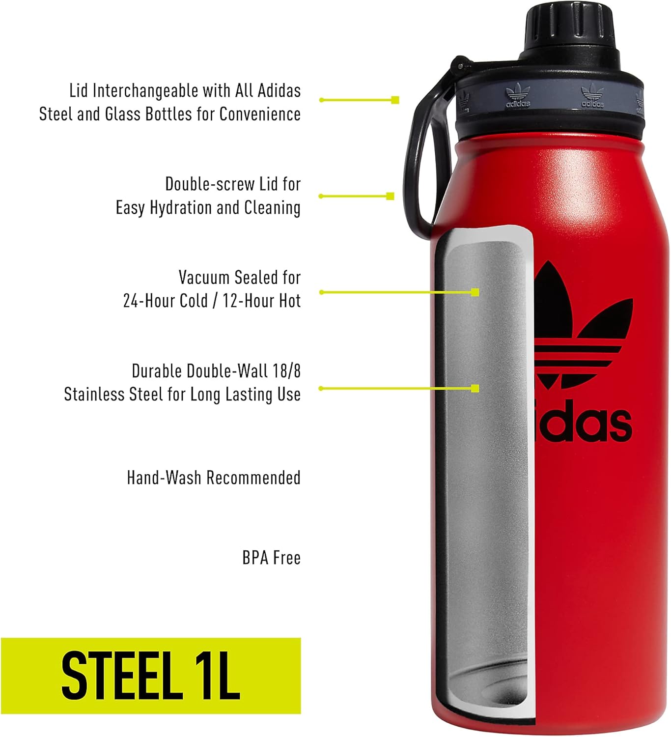 adidas Originals Botella de agua de metal de 1 litro (32 onzas), calientefría, de doble pared, aislada, acero inoxidable 188