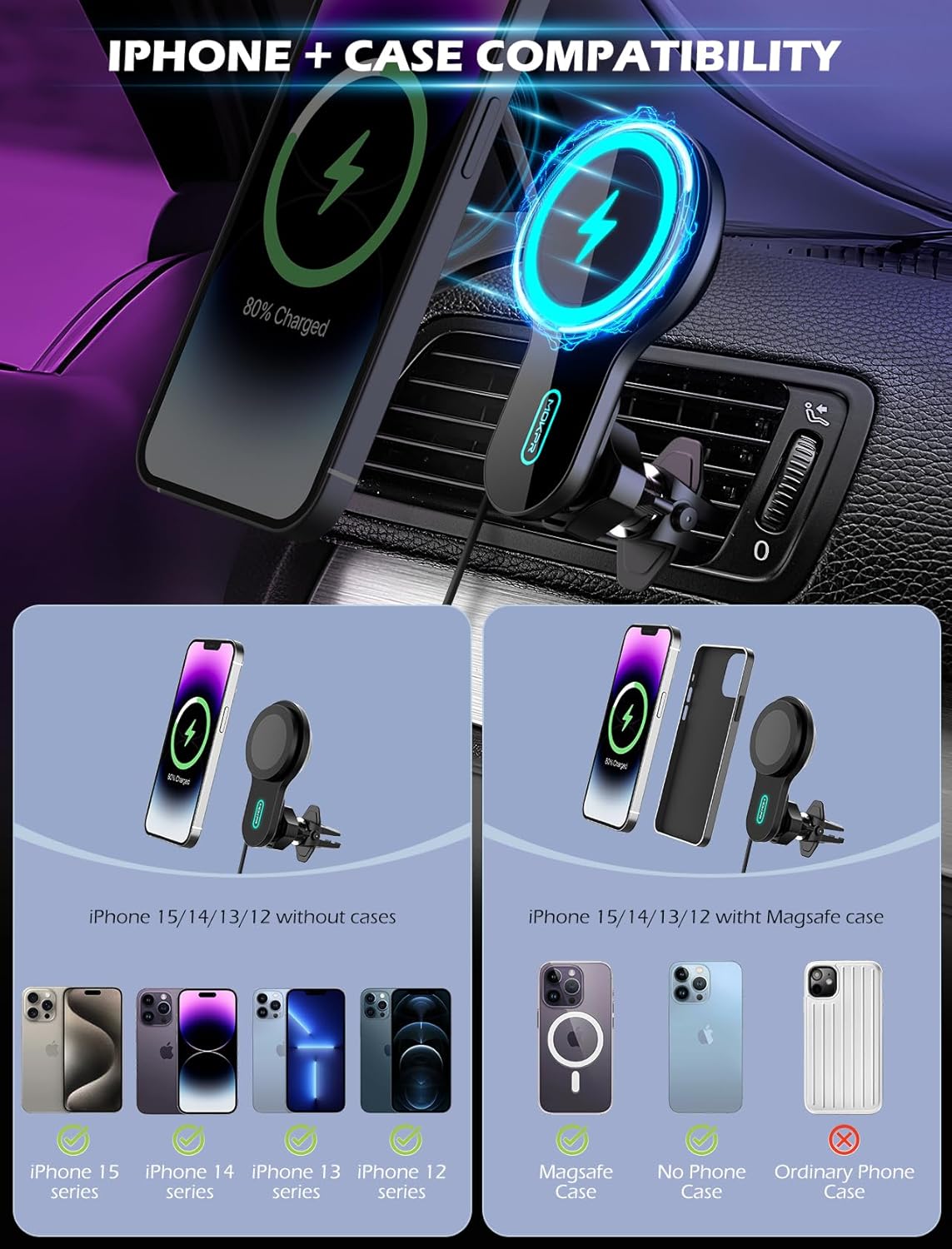 MOKPR Cargador de coche MagSafe para automóvil, disipación de calor de 15 W, cargador inalámbrico para automóvil, carga rápida, soporte magnético
