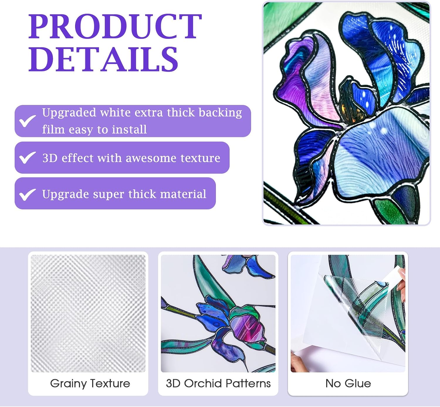Coavas Película de privacidad para ventana, 3D, diseño floral, violeta, vitral, se adhiere a la estática, calcomanías esmeriladas para baño,